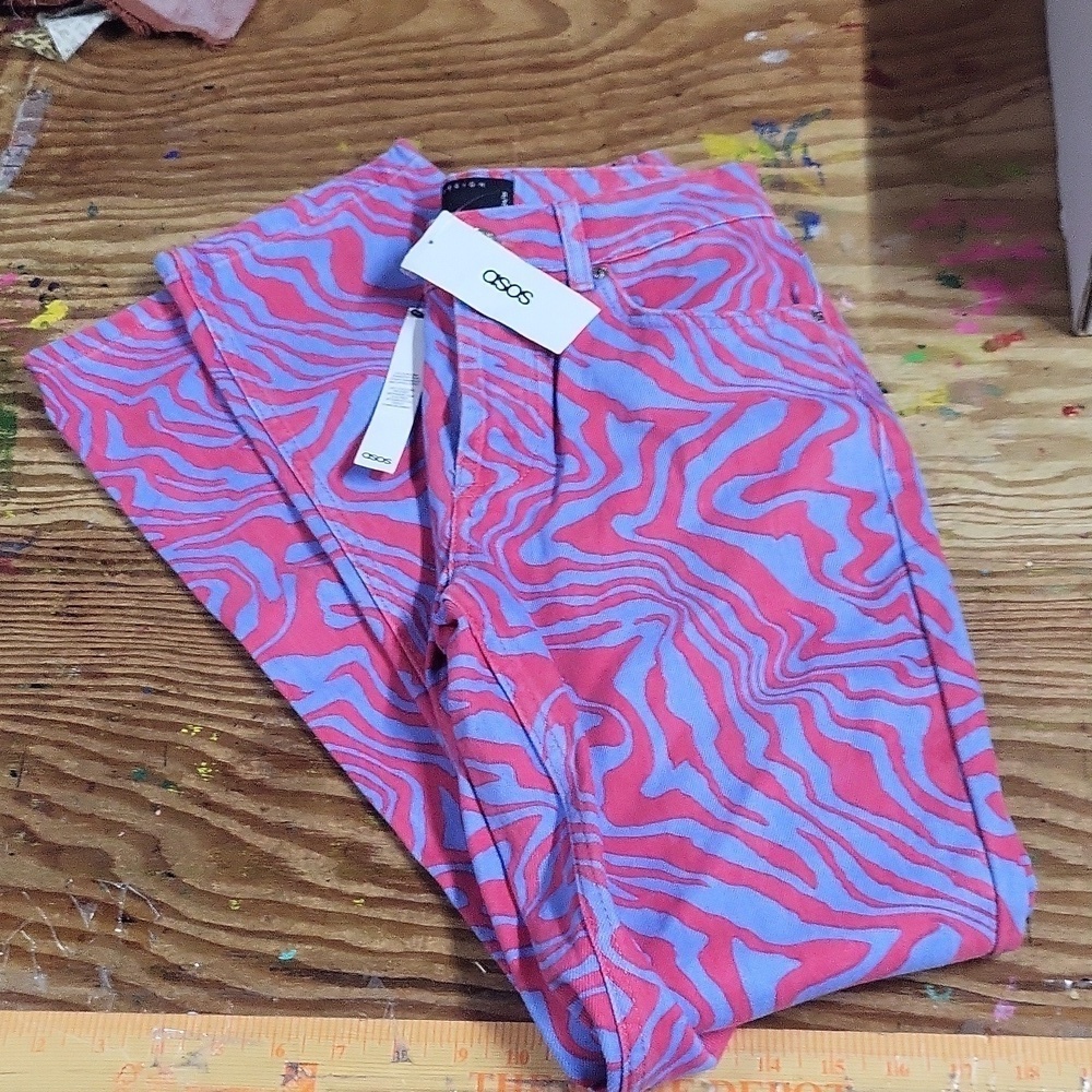 asos crazy jeans 24 NWT pink blue tiger print - Picture 1 of 5